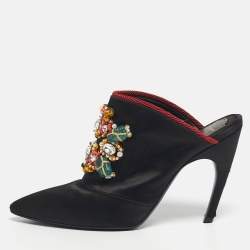 Pre Owned Roger Vivier Black Satin Crystals Embellished Mules Size 39