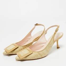 Pre Owned Roger Vivier Green Raffia Belle Vivier Slingback Pumps Size 37.5 