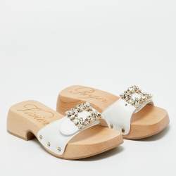 Pre Owned Roger Vivier White Leather Crystal Embellished Viv Clogs Size 34