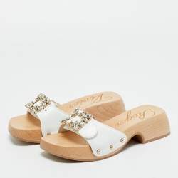 Pre Owned Roger Vivier White Leather Crystal Embellished Viv Clogs Size 34