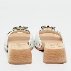 Pre Owned Roger Vivier White Leather Crystal Embellished Viv Clogs Size 34
