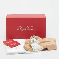 Pre Owned Roger Vivier White Leather Crystal Embellished Viv Clogs Size 34