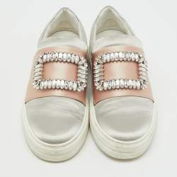 Pre Owned Roger Vivier Light Grey/Beige Satin Crystal Embellished Sneaky Viv Slip On Sneakers Size 38