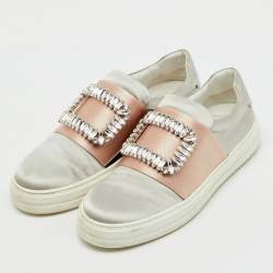 Pre Owned Roger Vivier Light Grey/Beige Satin Crystal Embellished Sneaky Viv Slip On Sneakers Size 38