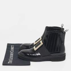 Pre Owned Roger Vivier Black Patent Leather Viv' Rangers Metal Buckle Chelsea Boots Size 40