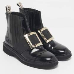 Pre Owned Roger Vivier Black Patent Leather Viv' Rangers Metal Buckle Chelsea Boots Size 40