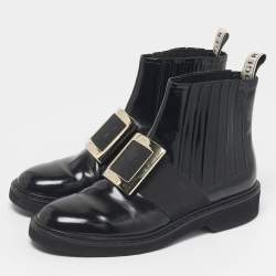 Pre Owned Roger Vivier Black Patent Leather Viv' Rangers Metal Buckle Chelsea Boots Size 40