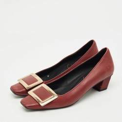 Pre Owned Roger Vivier Burgundy Leather Trompette Block Heel Pumps Size 36