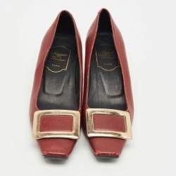 Pre Owned Roger Vivier Burgundy Leather Trompette Block Heel Pumps Size 36