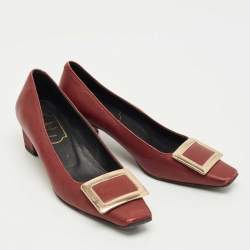 Pre Owned Roger Vivier Burgundy Leather Trompette Block Heel Pumps Size 36