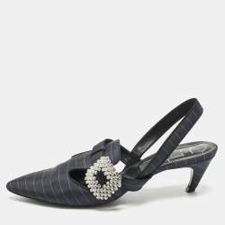 Pre Owned Roger Vivier Navy Blue Fabric Crystal Embellished Slingback Pumps Size 39