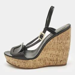 Pre Owned Roger Vivier Black Leather Buckle Wedge Slingback Sandals Size 40