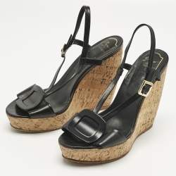 Pre Owned Roger Vivier Black Leather Buckle Wedge Slingback Sandals Size 40