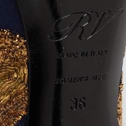 Pre Owned Roger Vivier Navy Blue/Gold Embroidered Satin Peep Toe Platform Pumps Size 36