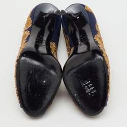 Pre Owned Roger Vivier Navy Blue/Gold Embroidered Satin Peep Toe Platform Pumps Size 36