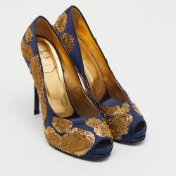 Pre Owned Roger Vivier Navy Blue/Gold Embroidered Satin Peep Toe Platform Pumps Size 36