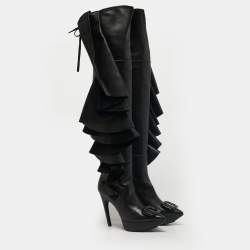 Pre Owned Roger Vivier Black Leather and Suede Rouches Cuissards Over The Knee Boots Size 38