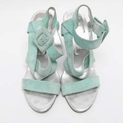 Pre Owned Roger Vivier Turquoise Suede Ankle Strap Sandals Size 38.5