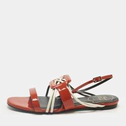 Pre Owned Roger Vivier Red Patent and Leather Slingback Flat Sandals Size 37