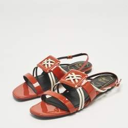 Pre Owned Roger Vivier Red Patent and Leather Slingback Flat Sandals Size 37