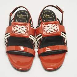 Pre Owned Roger Vivier Red Patent and Leather Slingback Flat Sandals Size 37