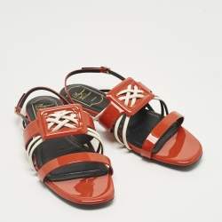 Pre Owned Roger Vivier Red Patent and Leather Slingback Flat Sandals Size 37