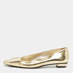 Pre Owned Roger Vivier Gold Patent Leather Belle Vivier Ballet Flats Size 38.5