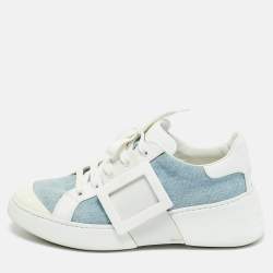 Pre Owned Roger Vivier White/Blue Denim and Leather Viv Skate Sneakers Size 39
