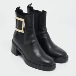Pre Owned Roger Vivier Black Leather Buckle Ankle Length Boots Size 38