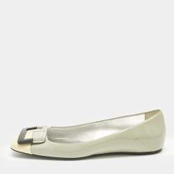Pre Owned Roger Vivier Pastel Green/Yellow Patent Leather Square Cap Toe Ballet Flats Size 38.5
