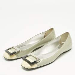 Pre Owned Roger Vivier Pastel Green/Yellow Patent Leather Square Cap Toe Ballet Flats Size 38.5