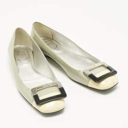 Pre Owned Roger Vivier Pastel Green/Yellow Patent Leather Square Cap Toe Ballet Flats Size 38.5