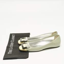 Pre Owned Roger Vivier Pastel Green/Yellow Patent Leather Square Cap Toe Ballet Flats Size 38.5
