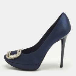 مملوكة مسبقًا Roger Vivier Limelight Buckle Size 39.5 Navy Blue Satin Pumps