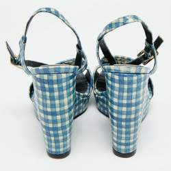 مملوكة مسبقًا Roger Vivier Gingham Size 37.5 Blue Snakeskin Embossed Leather Wedge Sandals