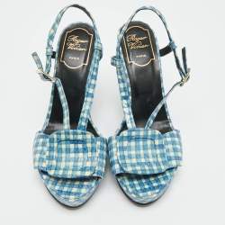 مم لوكة مسبقًا Roger Vivier Gingham Size 37.5 Blue Snakeskin Embossed Leather Wedge Sandals
