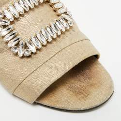 Pre Owned Roger Vivier Size 41 Beige Canvas Crystal Embellished Slide Sandals