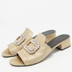 Pre Owned Roger Vivier Size 41 Beige Canvas Crystal Embellished Slide Sandals
