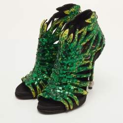 مملوكة مسبقًا Roger Vivier Paillettes Size 37 Green/Black Sequins Open Toe Ankle Booties