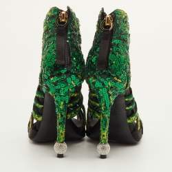 مملوكة مسبقًا Roger Vivier Paillettes Size 37 Green/Black Sequins Open Toe Ankle Booties