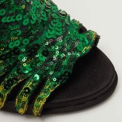 مملوكة مسبقًا Roger Vivier Paillettes Size 37 Green/Black Sequins Open Toe Ankle Booties