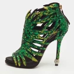 Pre Owned Roger Vivier Paillettes Size 37 Green/Black Sequins Open Toe Ankle Booties