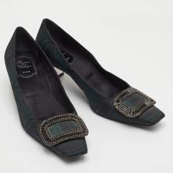 Pre Owned حذاء كعب عالي روجر فيفييه مزين بحلية كريستالية قماش أخضر داكن/أسود مقاس 40.5