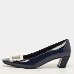 Pre Owned Roger Vivier Belle Vivier Size 35.5 Navy Blue Patent Leather Block Heel Pumps
