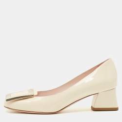 Pre Owned Roger Vivier Trompette Size 35.5 Cream Patent Leather Block Heel Pumps