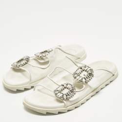 Pre Owned Roger Vivier Slidy Viv Size 39 White Leather and Mesh Flat Slide