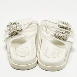 Pre Owned Roger Vivier Slidy Viv Size 39 White Leather and Mesh Flat Slide