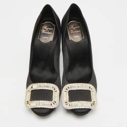 Pre Owned حذاء كعب عالي روجر فيفييه لايملايت ساتان أسود مزخرف بالكريستال نعل سميك مقاس 37