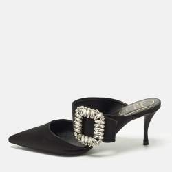 Pre Owned Roger Vivier Size 36 Black Satin Buckle Crystal Embellished Mules