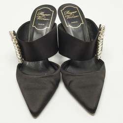 Pre Owned Roger Vivier Size 36 Black Satin Buckle Crystal Embellished Mules